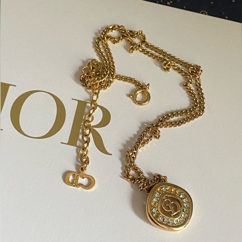 Authentic Christian Dior gold tone CD logo crystal necklace
